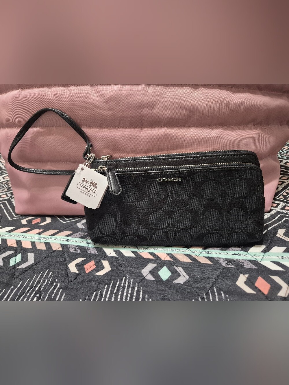 COACH Black Signature Canvas Double Wristlet with Leather Trim